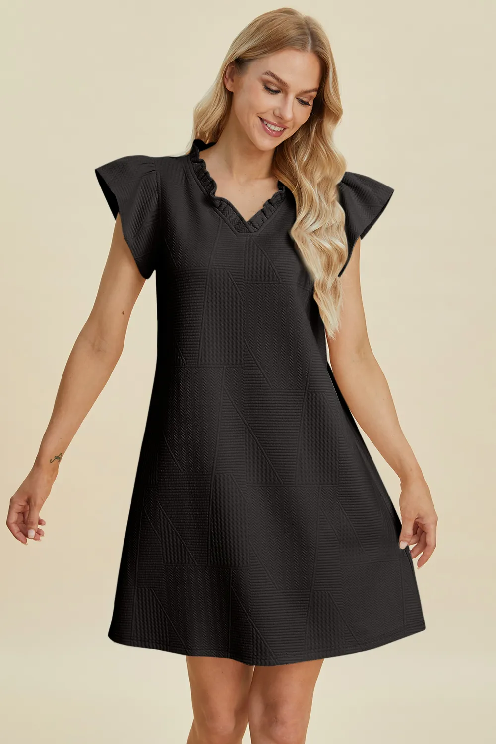 Full Size Ruffled V-Neck Cap Sleeve Dress, image 2