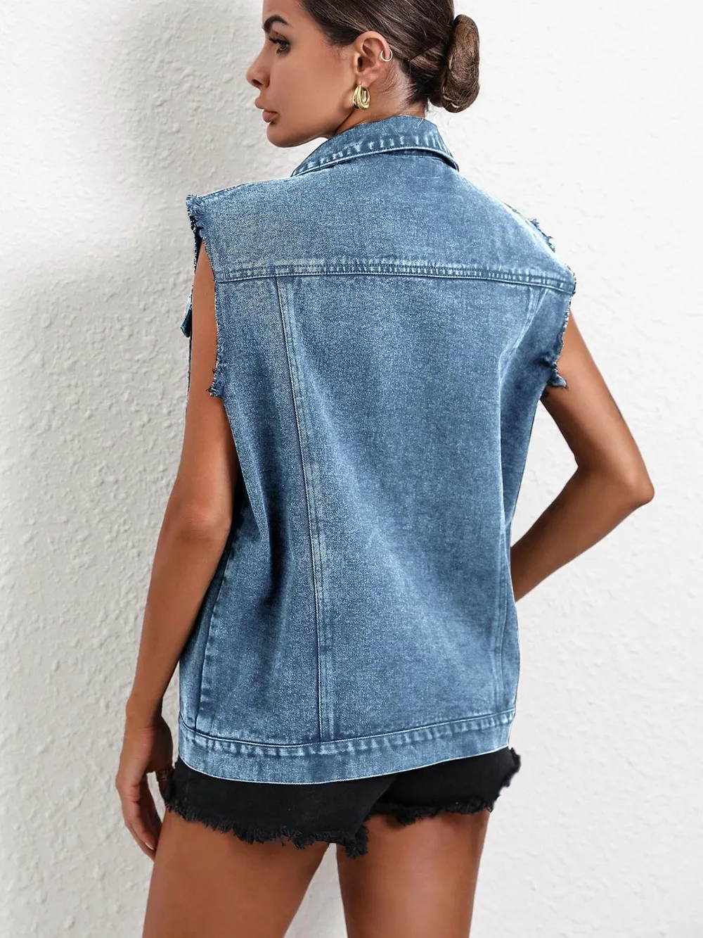 Pocketed Collared Neck Sleeveless Denim Top, image 2