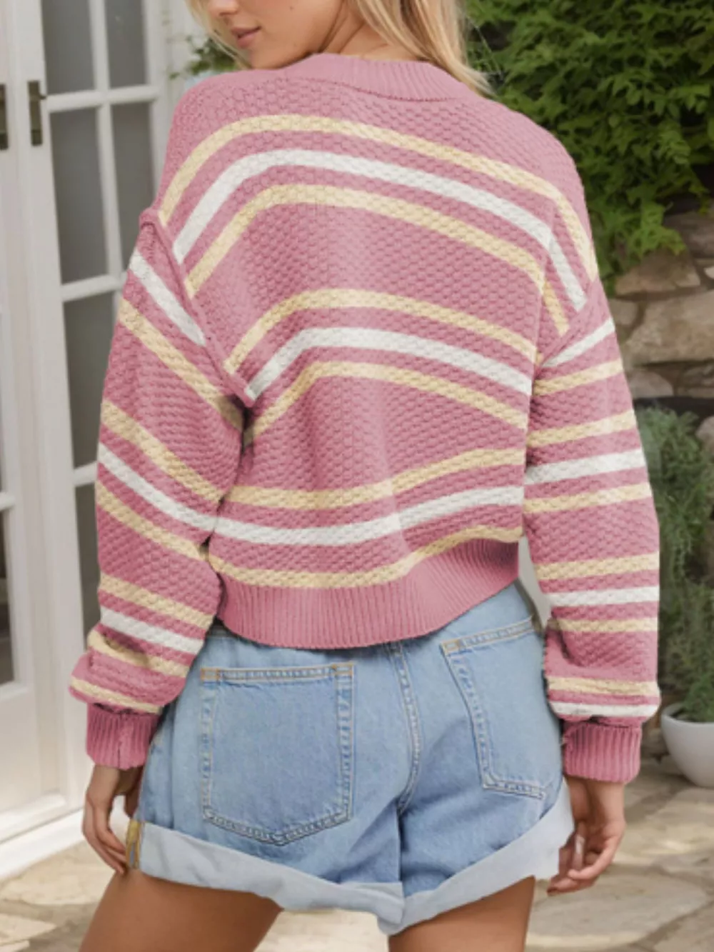 Cropped Striped Button-Down Knit Cardigan, image 3