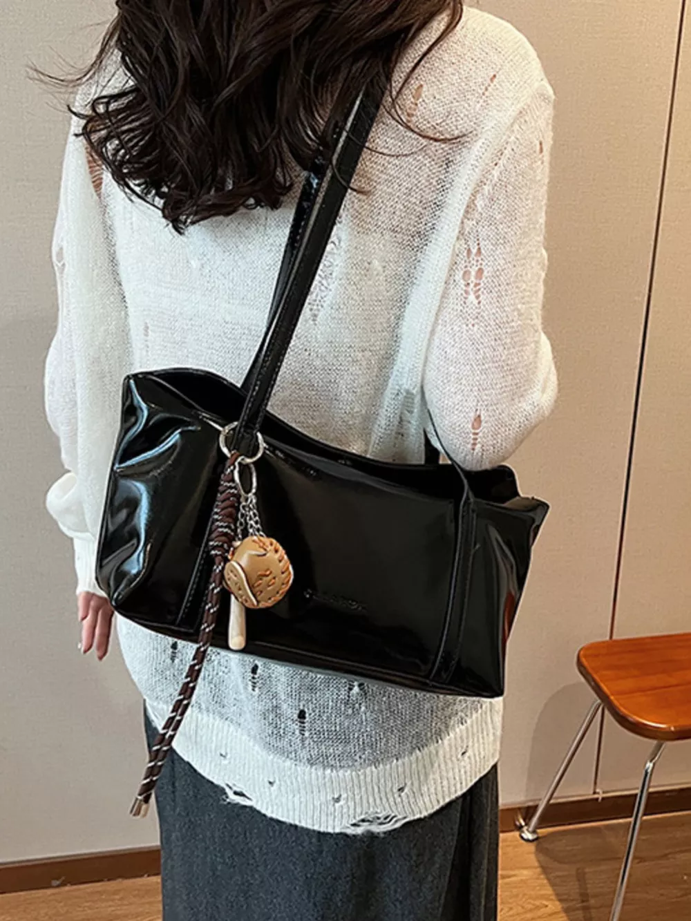 Solid Color Leather Shoulder Bag, image 7