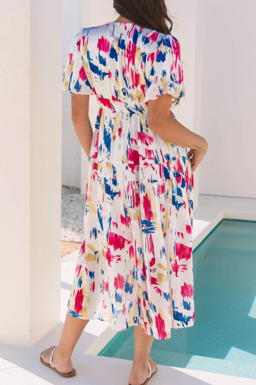 Abstract Print Short Puff Sleeve Tiered Maxi Dress, image 2