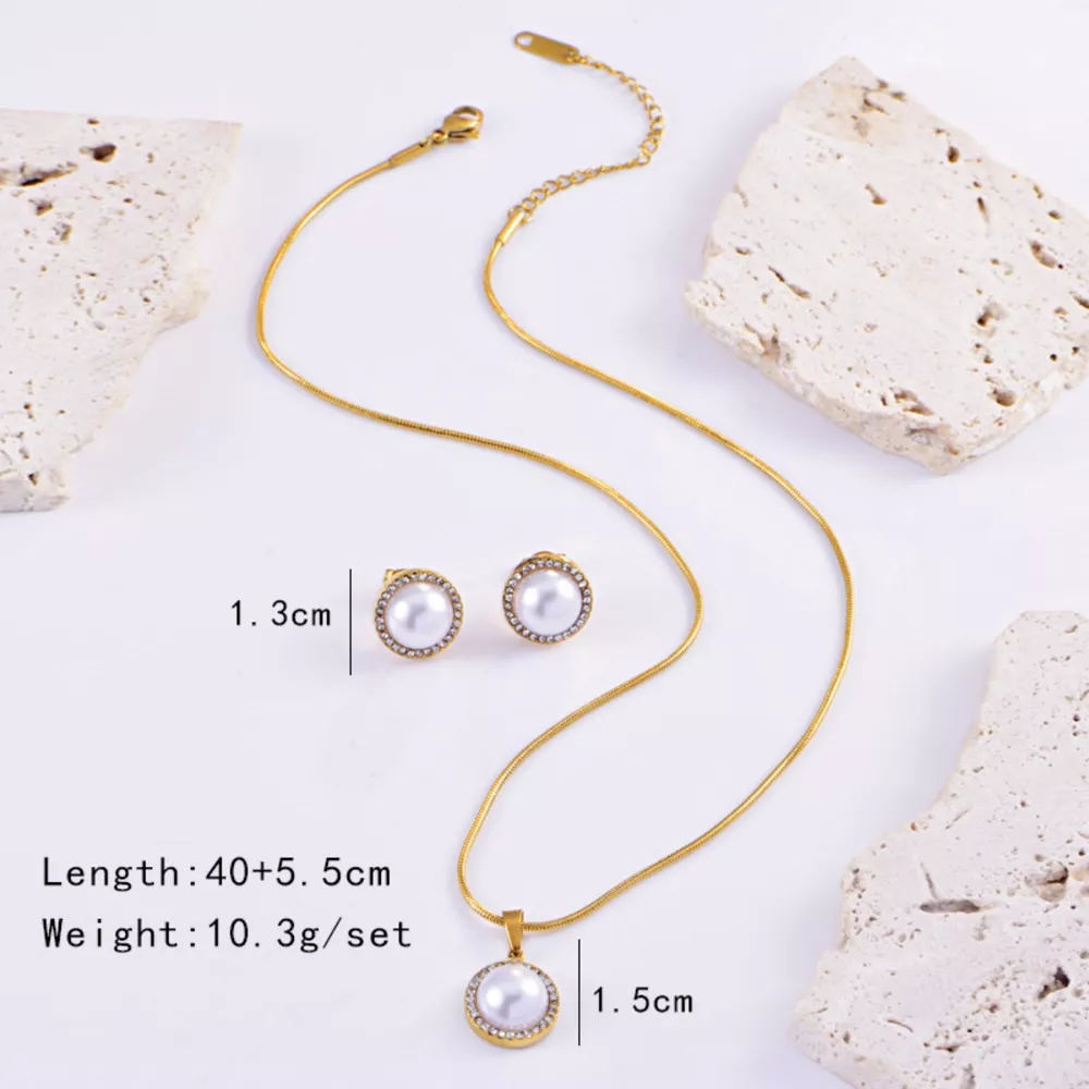 Synthetic Pearl 18K Gold-Plated Rhinestone Necklace and Earrings Jewelry Set, image 6