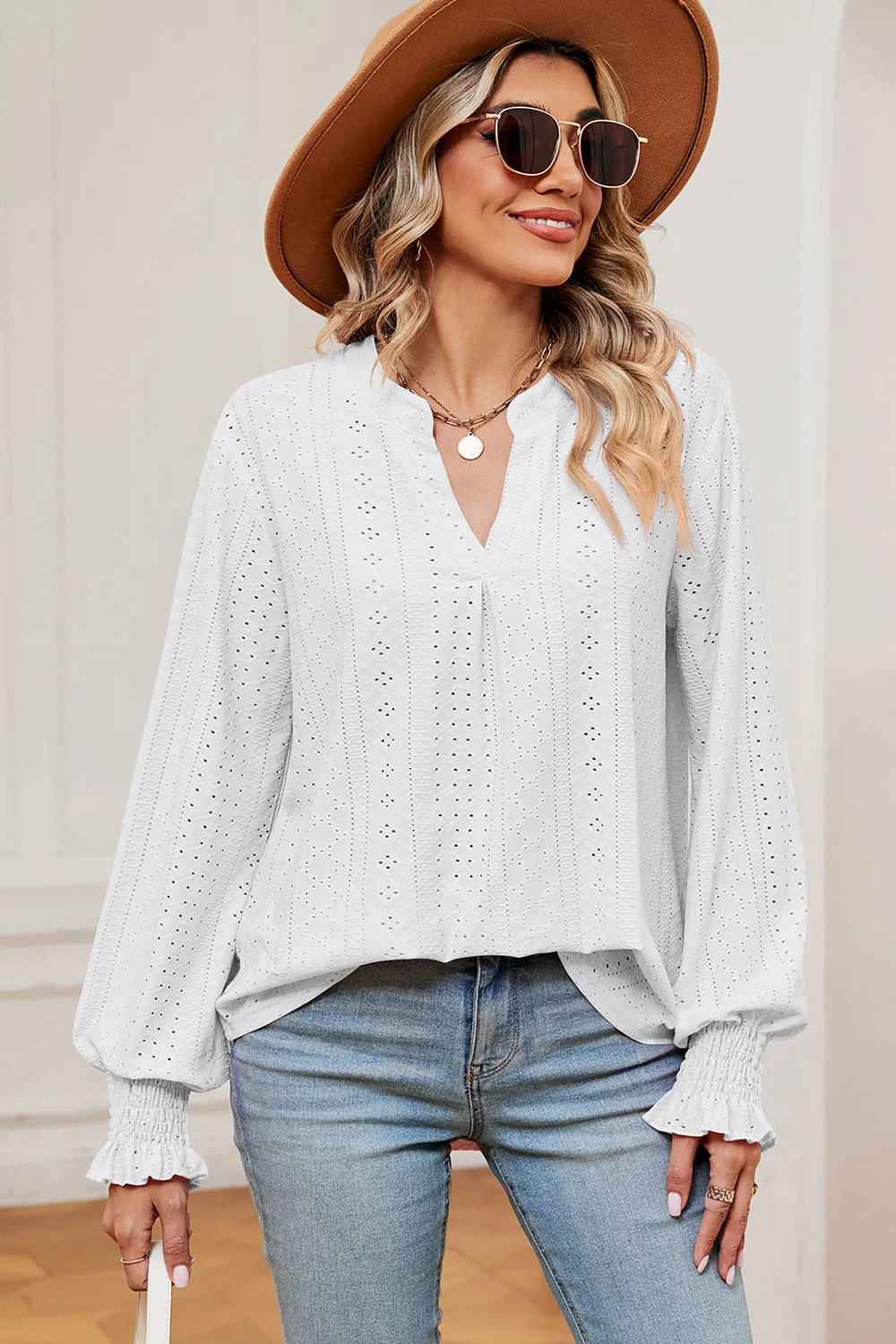 Eyelet Notched Long Sleeve T-Shirt, image 6