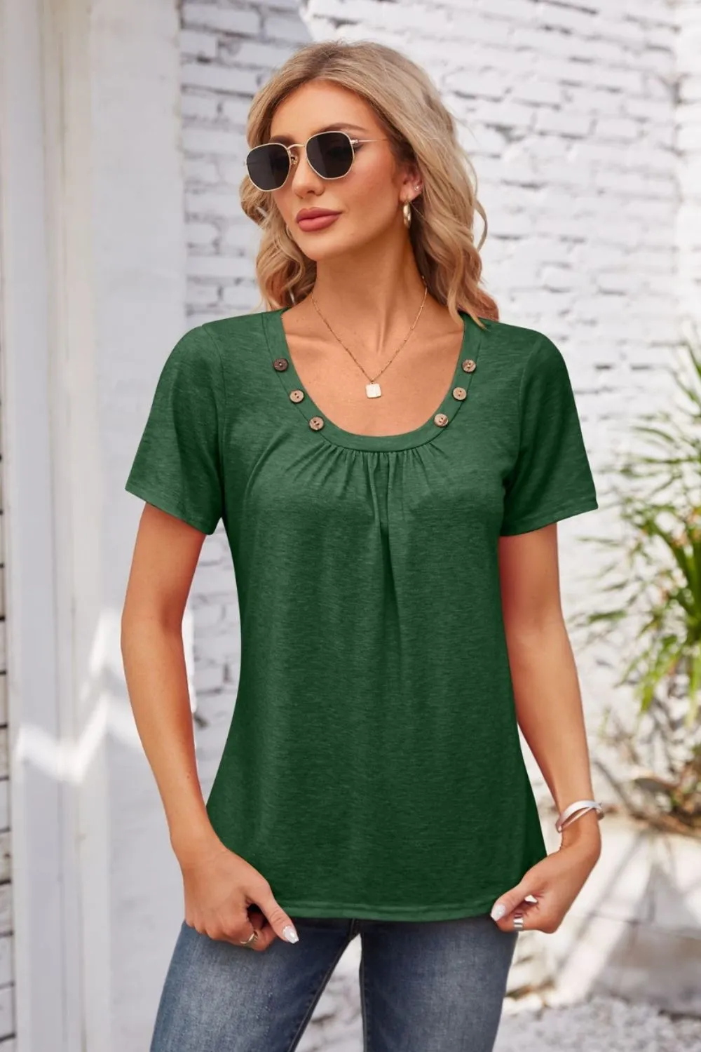 Decorative Button Scoop Neck T-Shirt, image 4