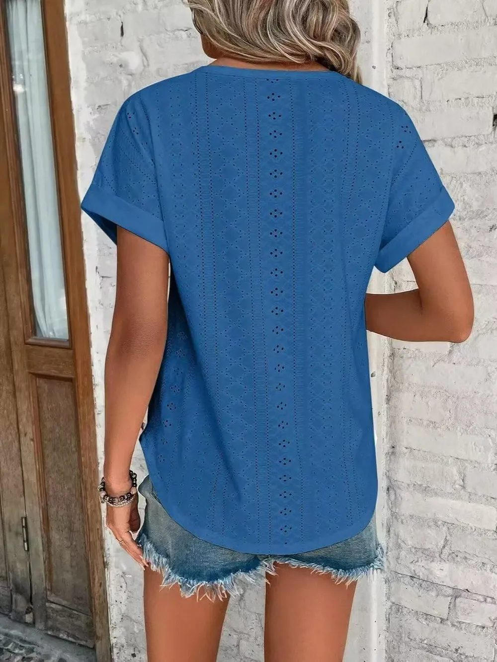Eyelet Round Neck Short Sleeve Top, image 12