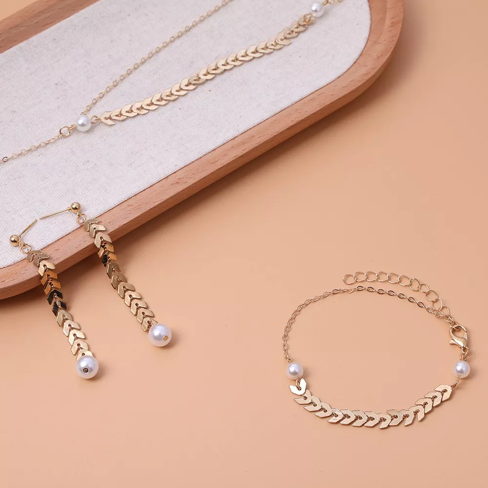 Wheat‑Spike Faux Pearl Necklace Bracelet Earrings 3‑Pcs Jewelry Set, image 10