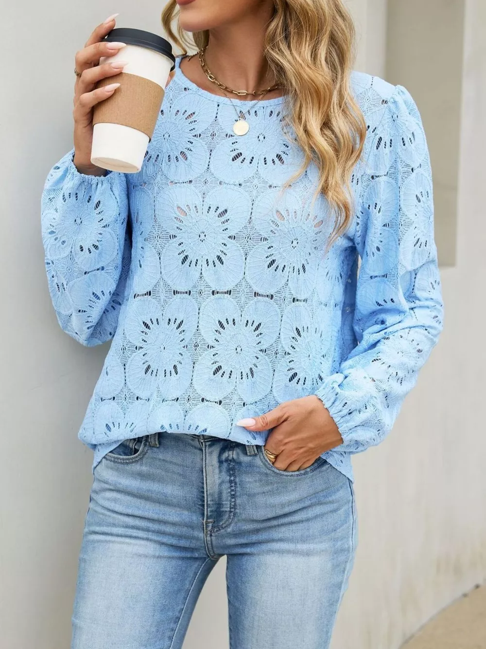 Floral Eyelet Lace Long Sleeve Blouse, image 2