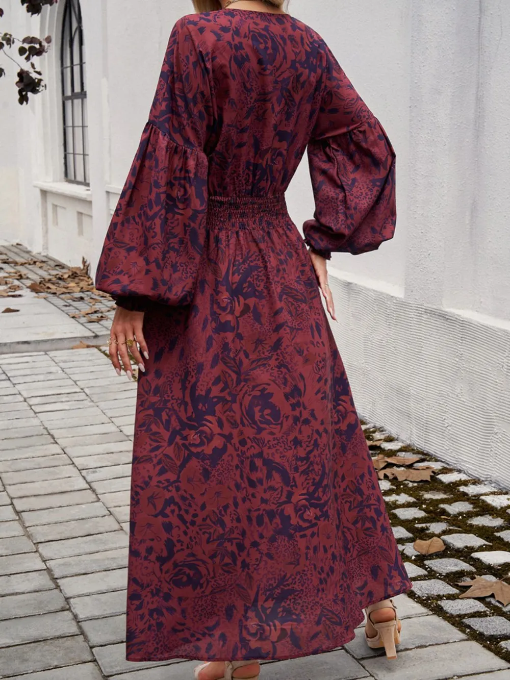 Split Printed Surplice Long Sleeve Midi Dress, image 8
