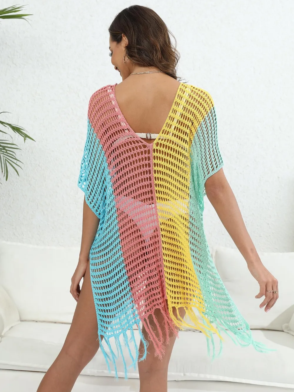 Fringe Color Block Scoop Neck Cover Up, image 3