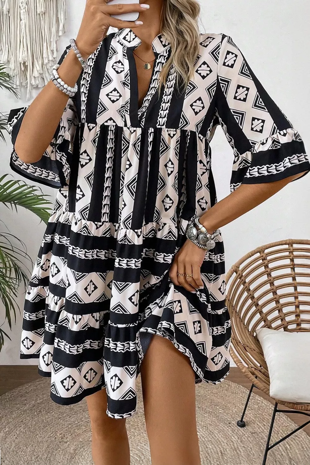 Geometric Print Ruffle Hem Mini Dress