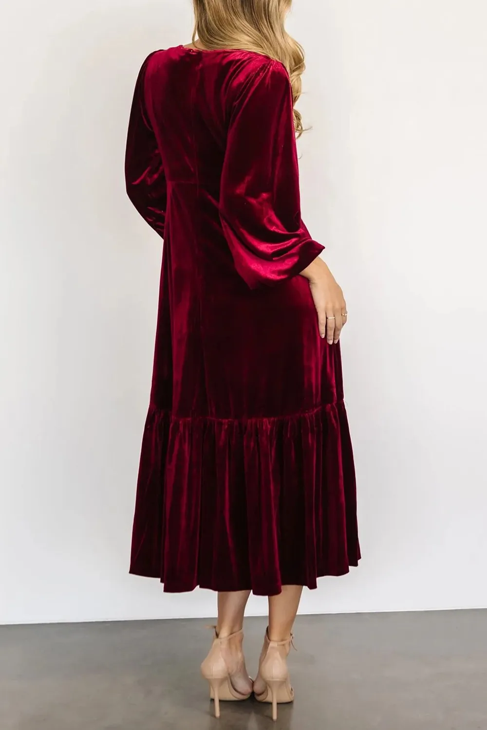 V-Neck Long Sleeve Midi Velvet Dress, image 19
