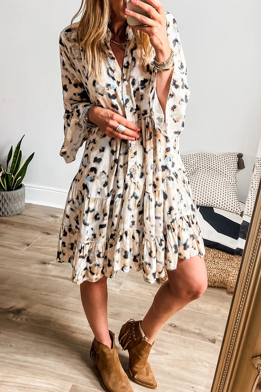 Leopard Print Buttoned Front 3/4 Sleeve Tiered Ruffled Hem Dress, image 2