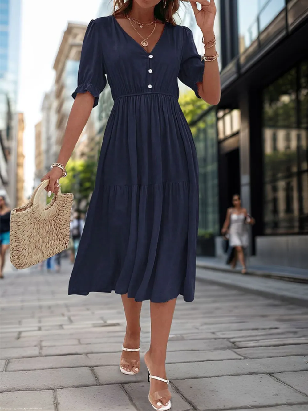 Ruched V-Neck Half Sleeve Midi Dress, image 3