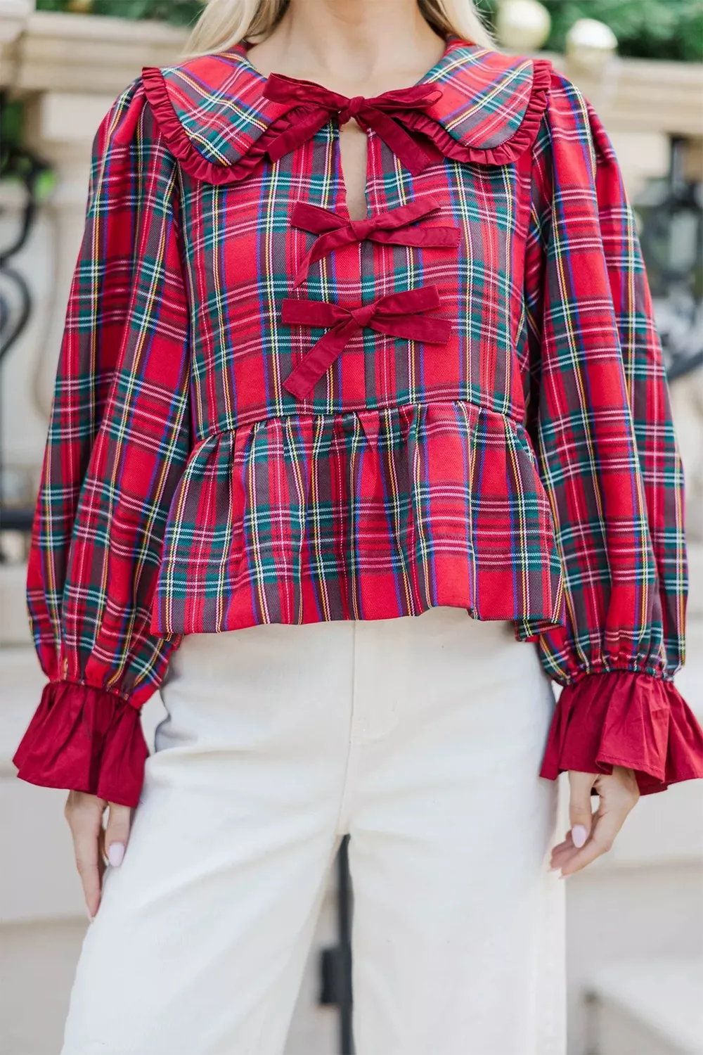 Plaid Tie Neck Ruffle Cuffs Long Sleeve Shift Blouse