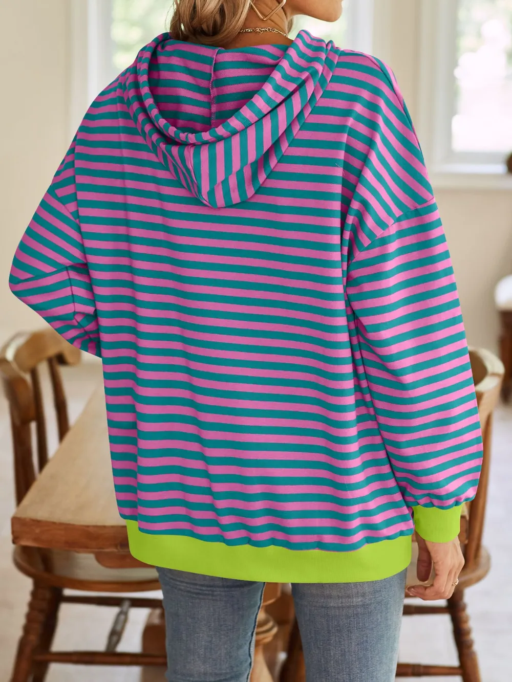 Drawstring Striped Long Sleeve Hoodie, image 9