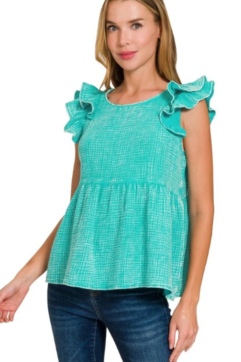 Double Gauze Acid Washed Tiered Ruffle Peplum Top, image 2