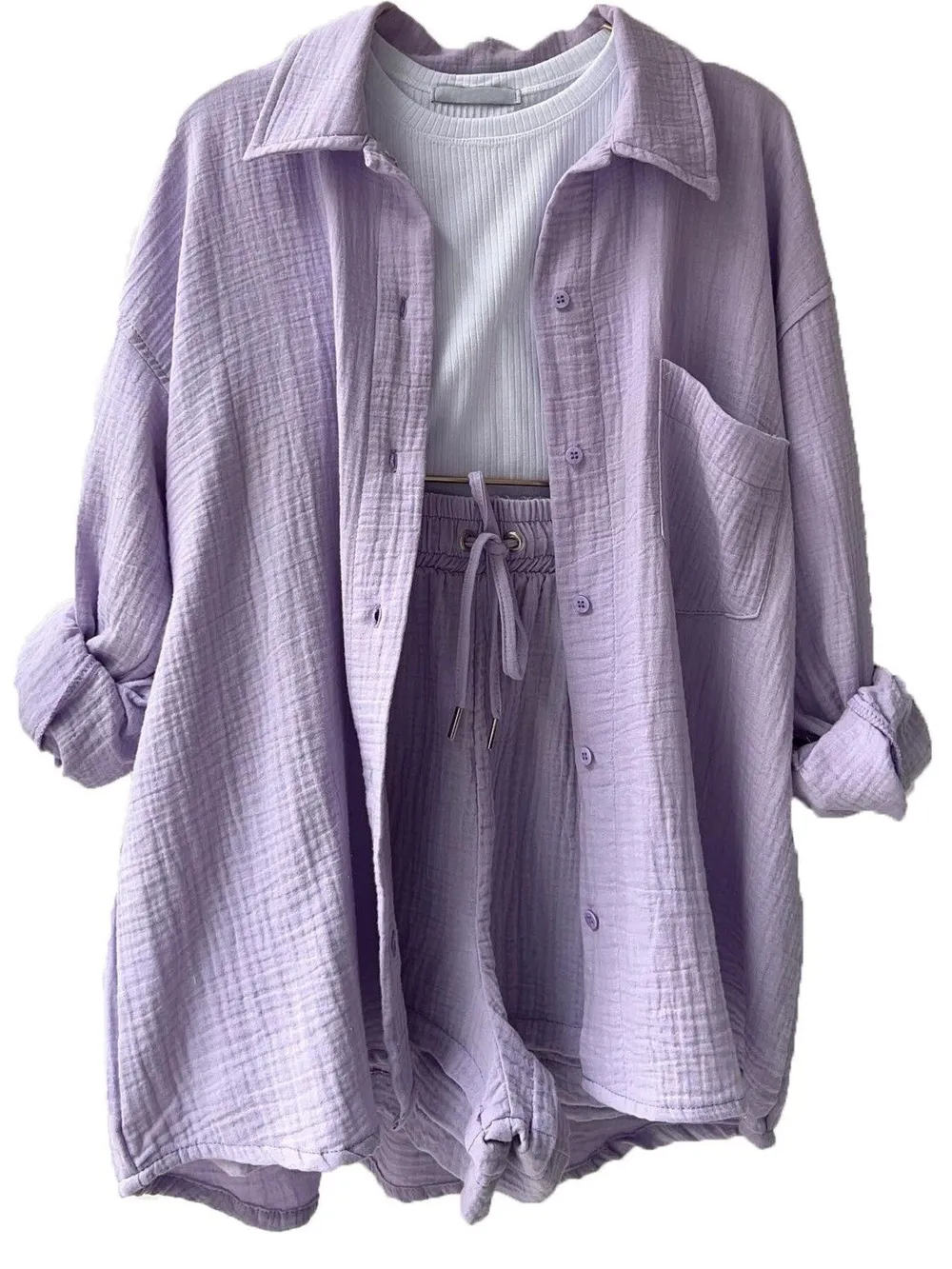 Textured Button Up Shirt and Shorts Set, image 2