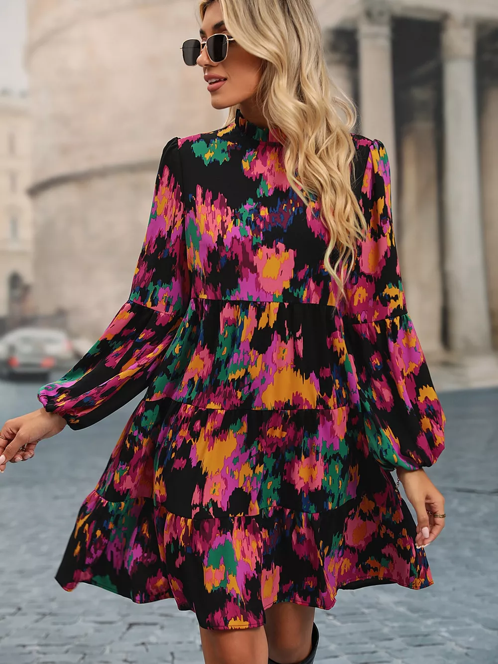 Printed Balloon Sleeve Mini Dress, image 2