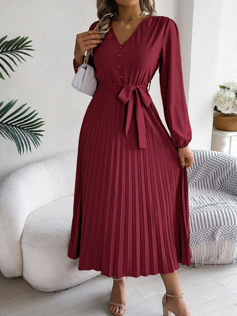 Pleated Tied V-Neck Long Sleeve Dress, image 24