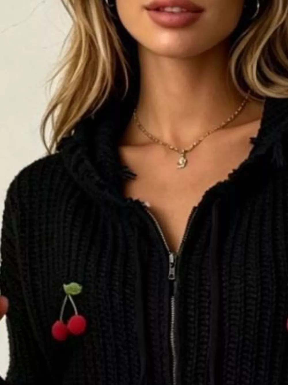 Cherry Knit Zip-Up Hooded Sweater, image 5