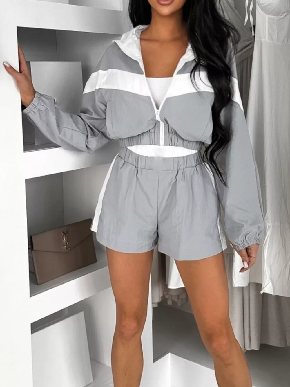 Color Block Zip-Up Jacket and Shorts Two-Piece Set, image 8
