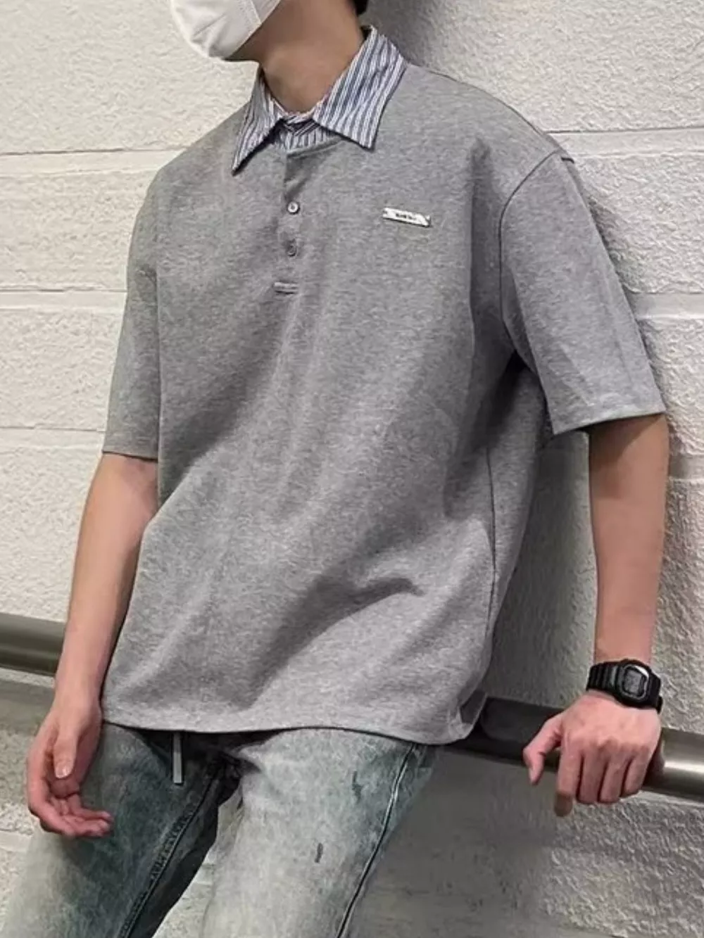 Men's Layered Striped Collar Short Sleeve Polo, image 2