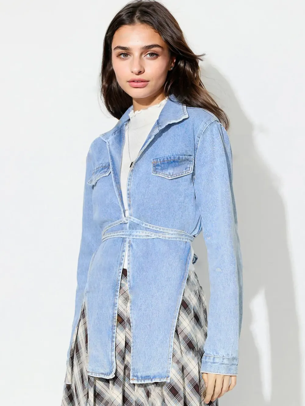 Asymmetric Slit Collared Neck Long Denim Top, image 6