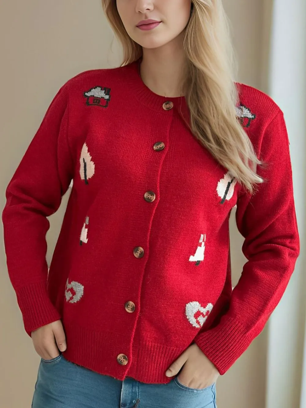 Button Up Round Neck Long Sleeve Cardigan, image 11