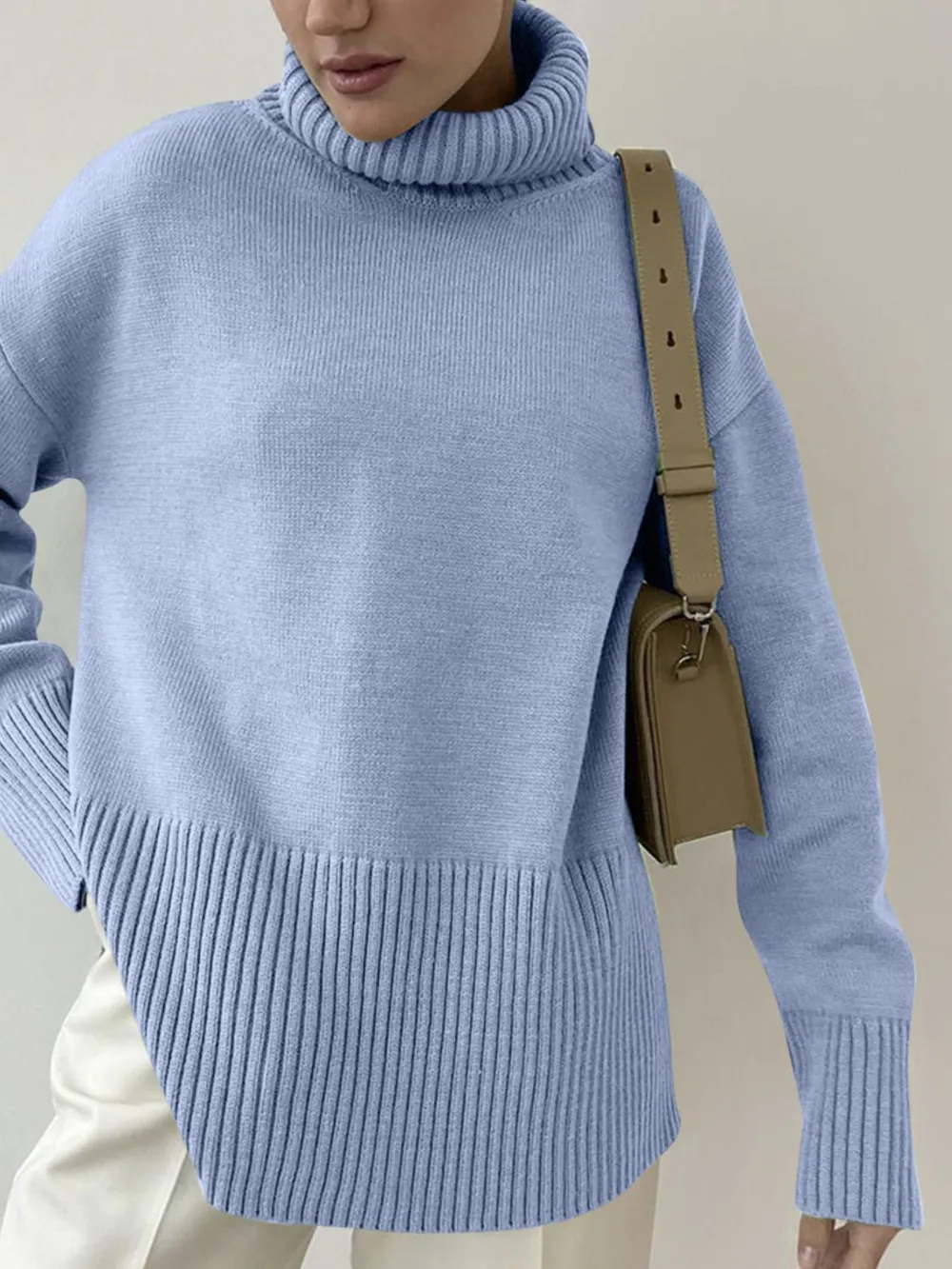 Side Slit Turtleneck Drop Shoulder Sweater, image 26
