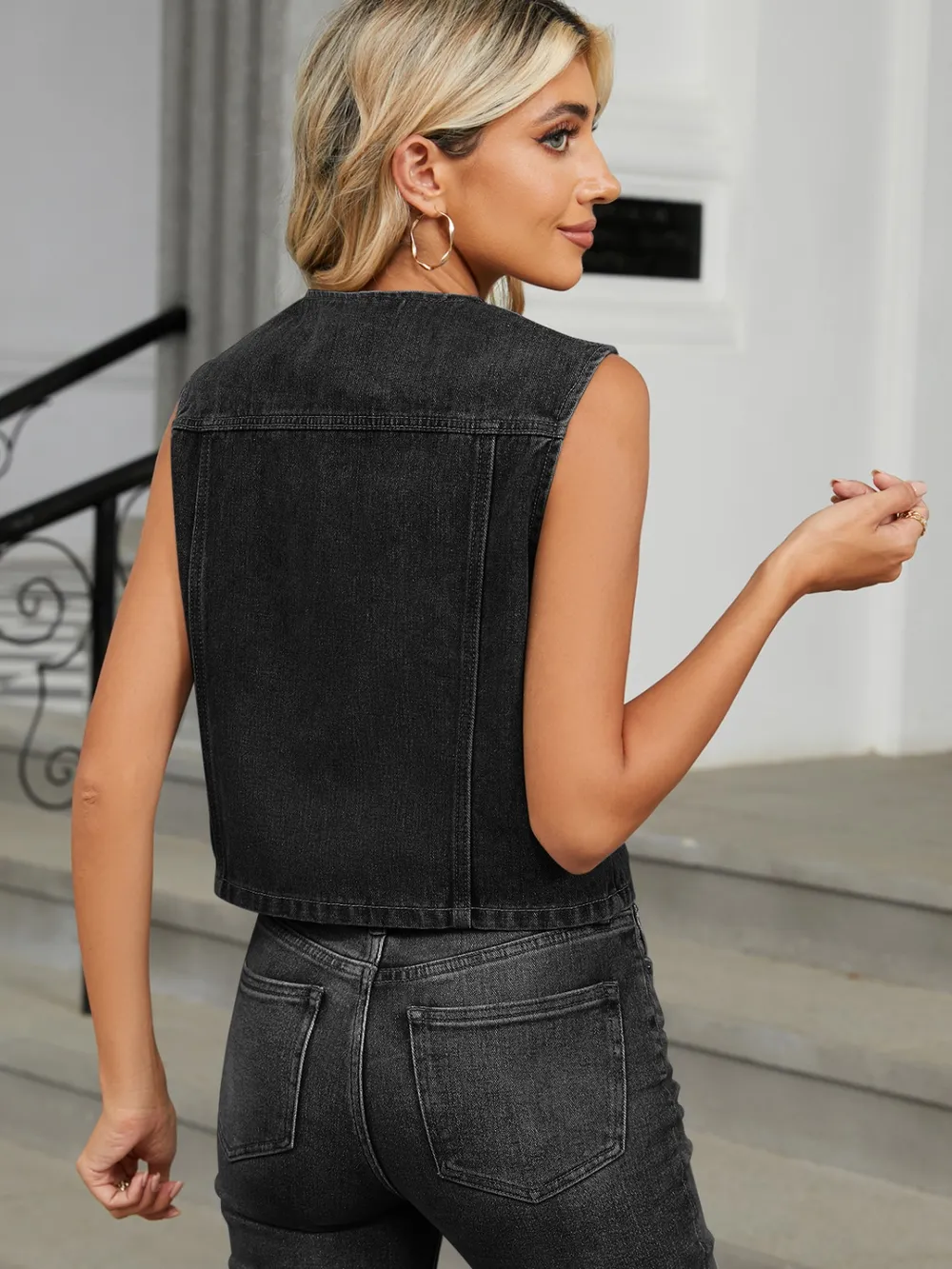V-Neck Button Down Denim Vest, image 2