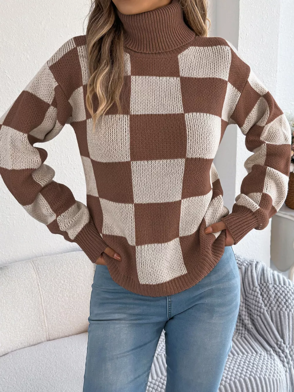 Checkered Turtleneck Long Sleeve Sweater, image 14
