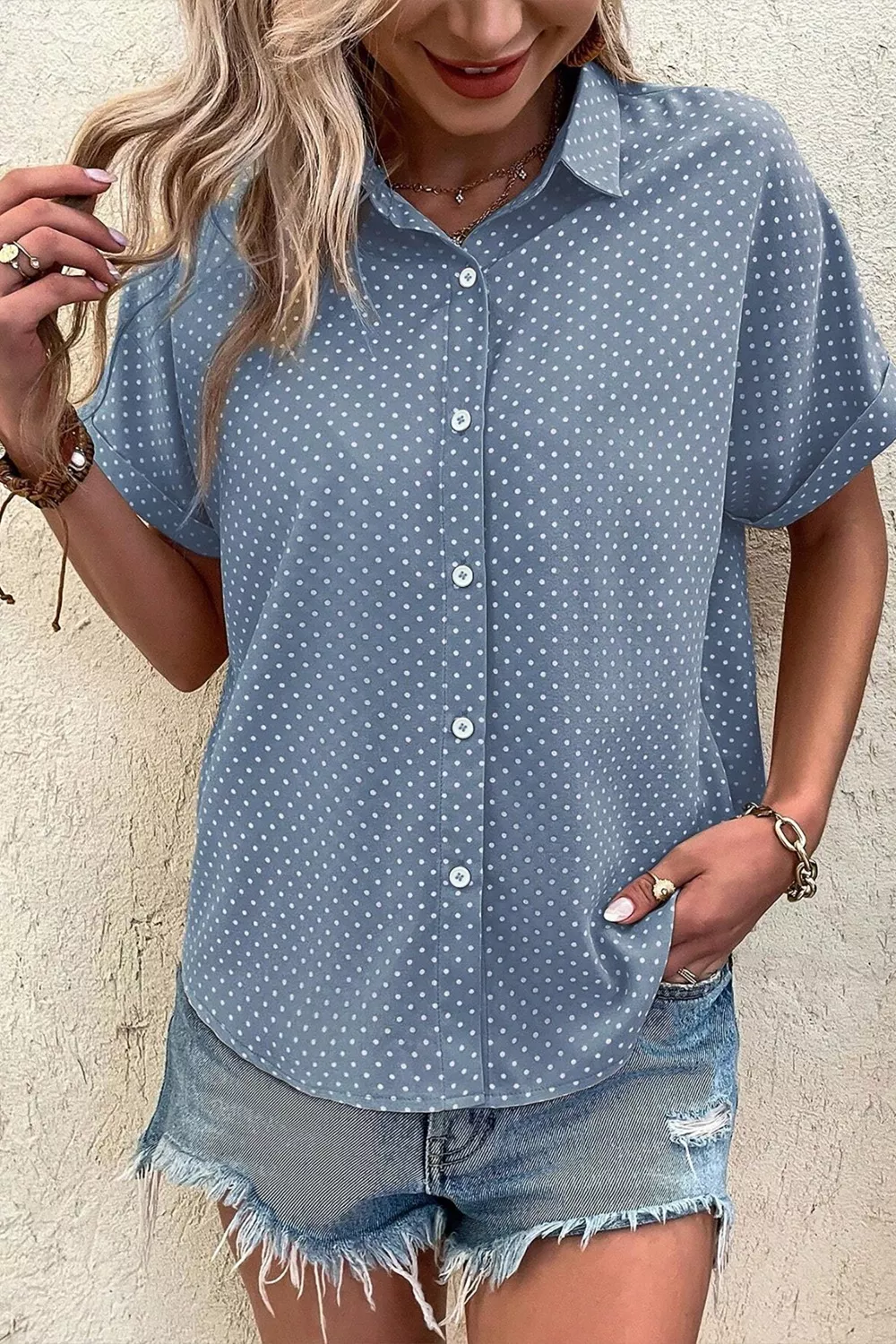 Dotted Print Cuffed Short Sleeve Shirt, image 4