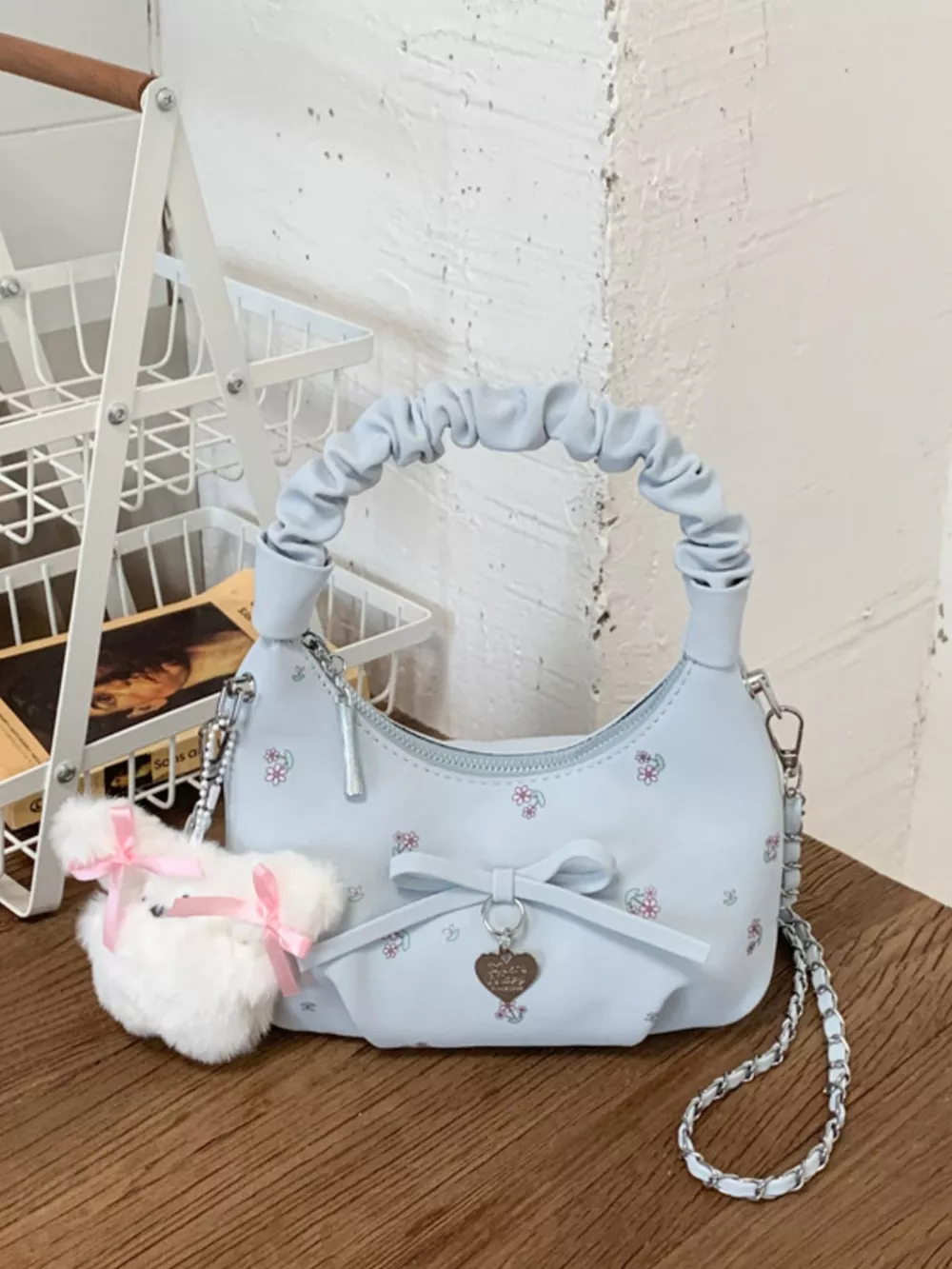 Ruched Handle Crossbody Bag with Bow, image 3