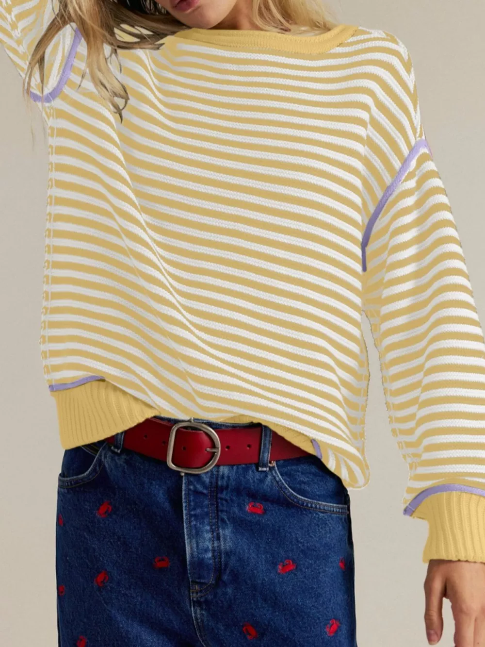 Striped Round Neck Long Sleeve Sweater, image 3