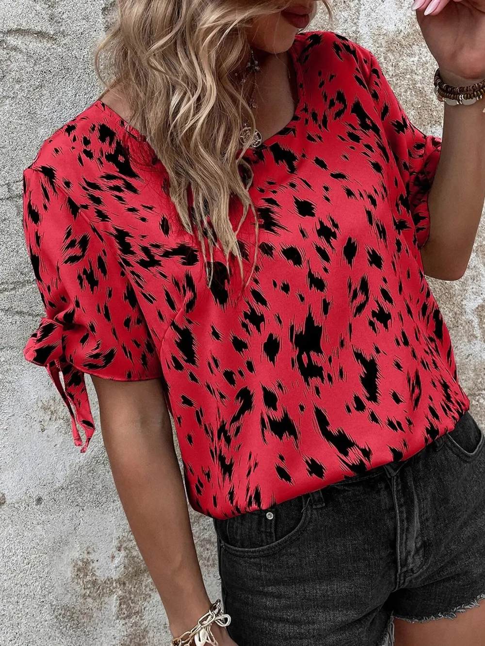 Tied Printed Boat Neck Blouse, image 9