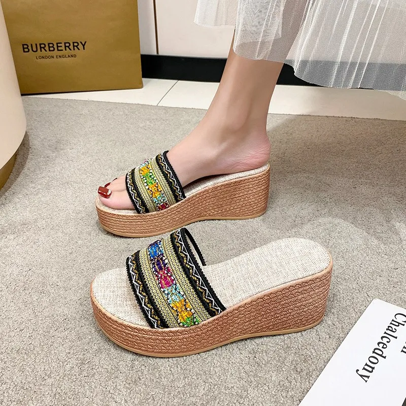 Contrast Cloth Wedge Sandals, image 4