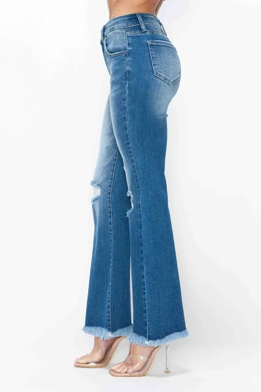 Full Size Raw Hem Distressed High Rise Bootcut Jeans, image 2