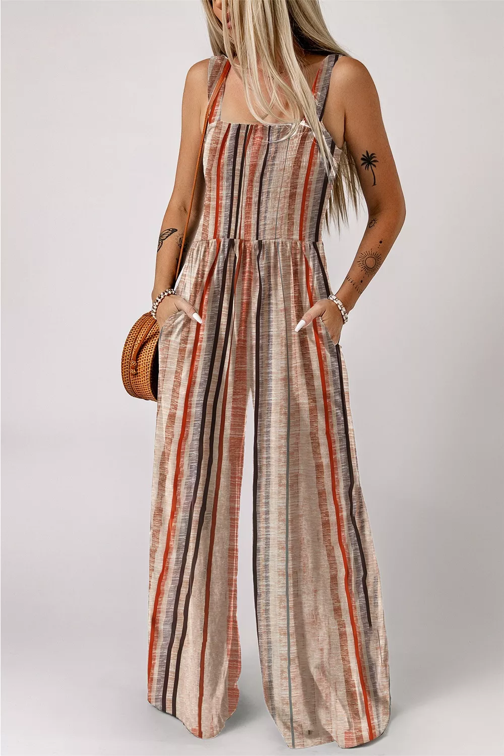 Stripe Square Neck Sleeveless Smocked Bodice Wide Leg Jumpsuit