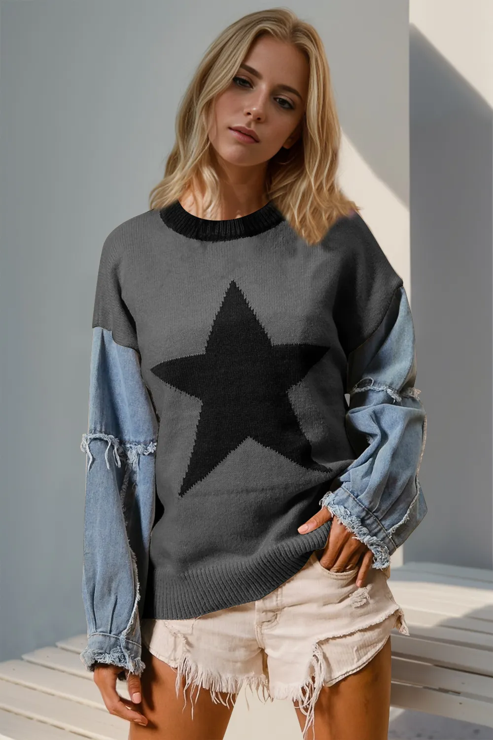 Full Size Star Pattern Raw Edge Long Sleeve Sweater, image 2