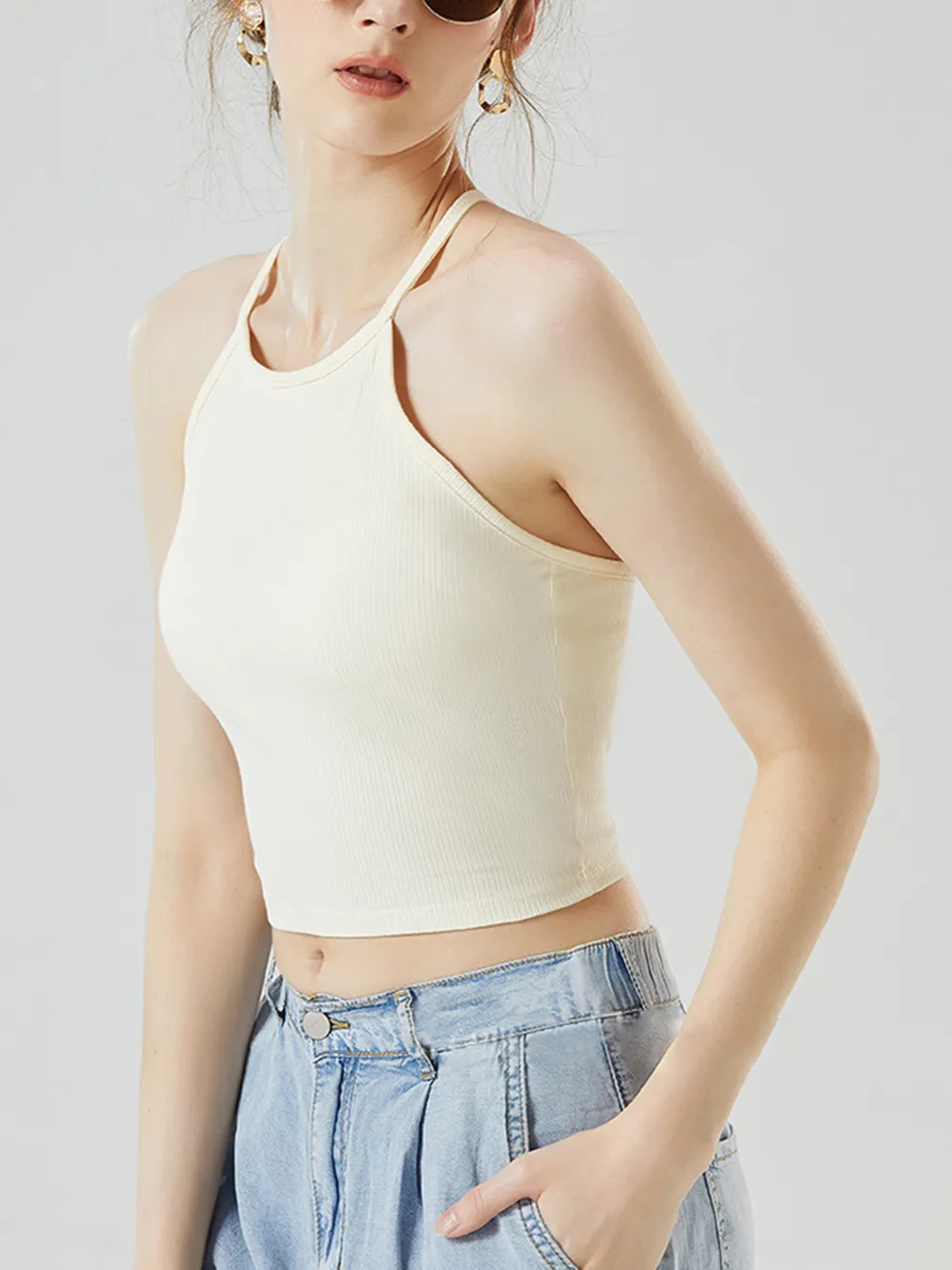 Grecian Neck Cropped Tank with Chest Pads, image 2