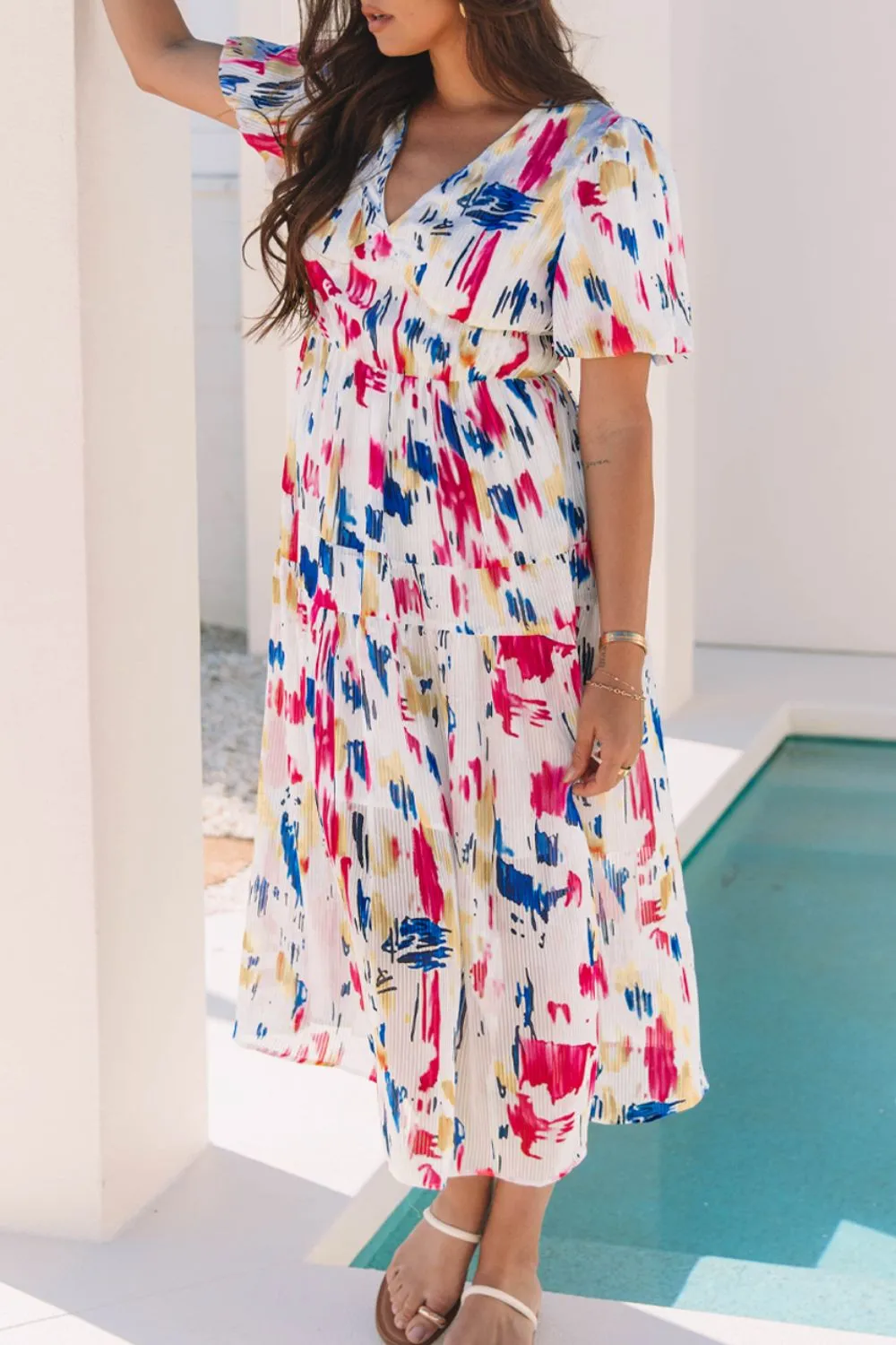 Abstract Print Short Puff Sleeve Tiered Maxi Dress, image 3