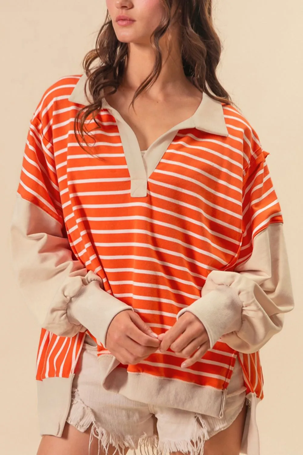 Striped Johnny Collar Long Sleeve Sweatshirt, image 7