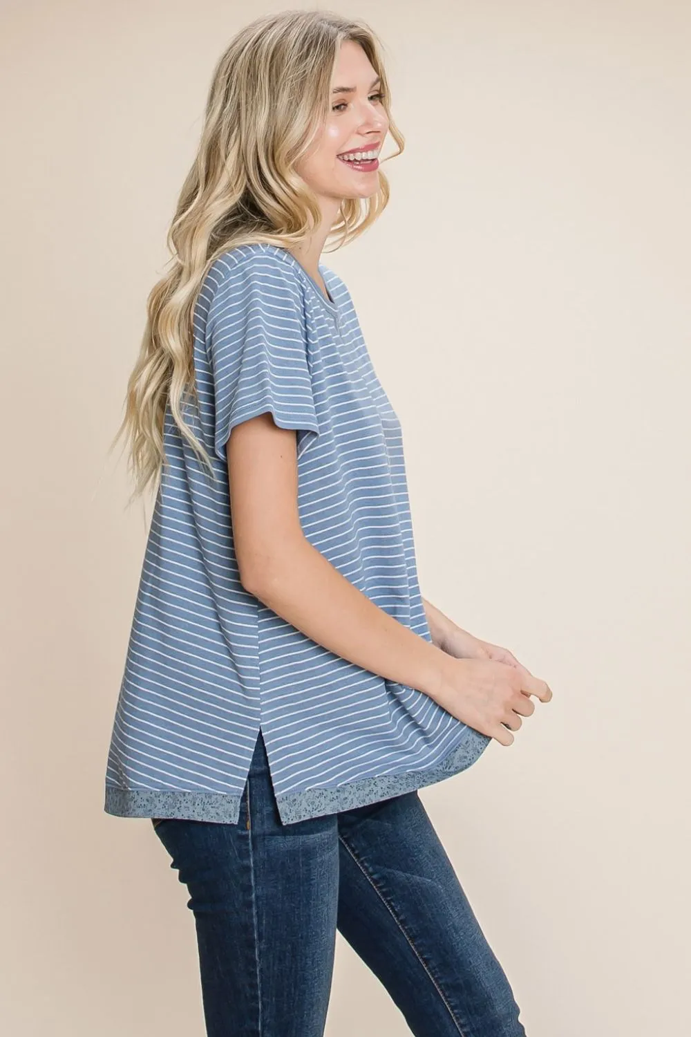 Cotton Bleu by Nu Lab Slit Striped Notched Short Sleeve T-Shirt, image 3