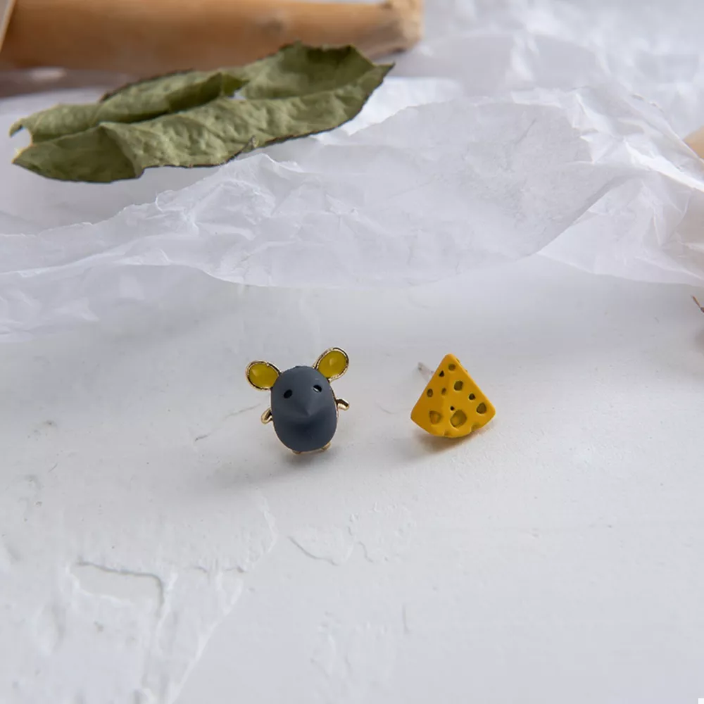 Asymmetrical Mouse & Cheese Stud Earrings, image 2