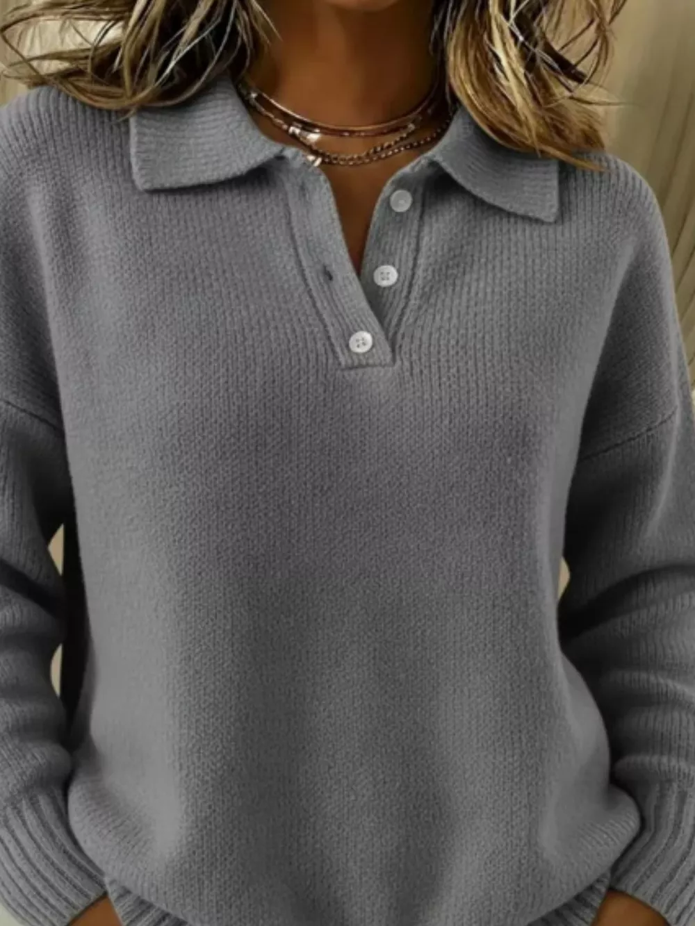 Full Size Half Button Collar Drop Shoulder Sweater Plus Size, image 13