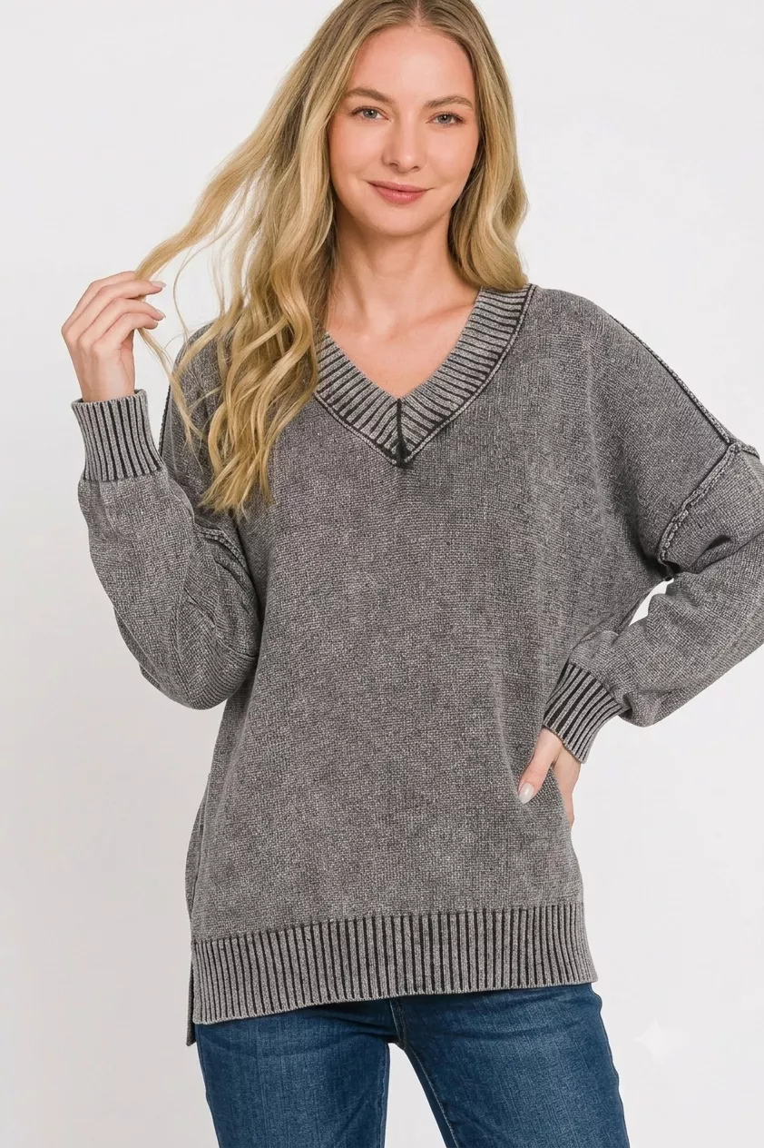 Zenana Washed Deep V-neck Oversized Sweater, image 3