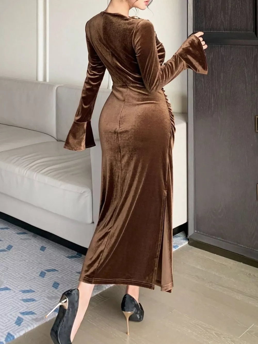 Velvet Ruched Bodycon Midi Dress, image 4