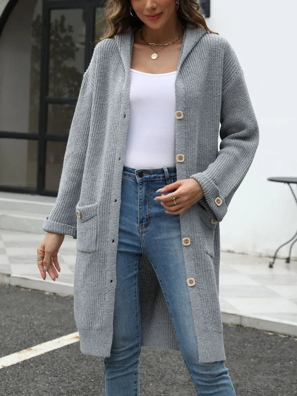 Pocketed Button Up Long Sleeve Hooded Cardigan, image 8