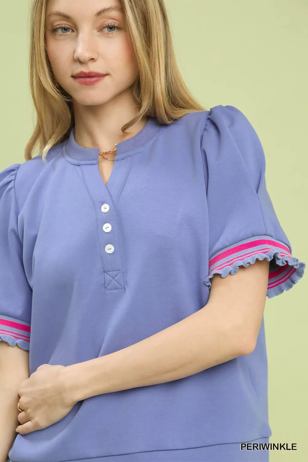 Puff Sleeve Button Front Top with Contrast Trim, image 3