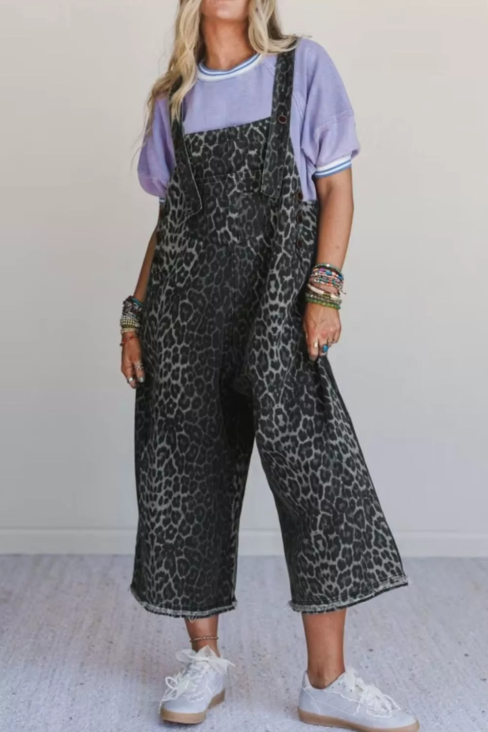 Leopard Print Button Adjustable Straps Cropped Loose Denim Overalls, image 2